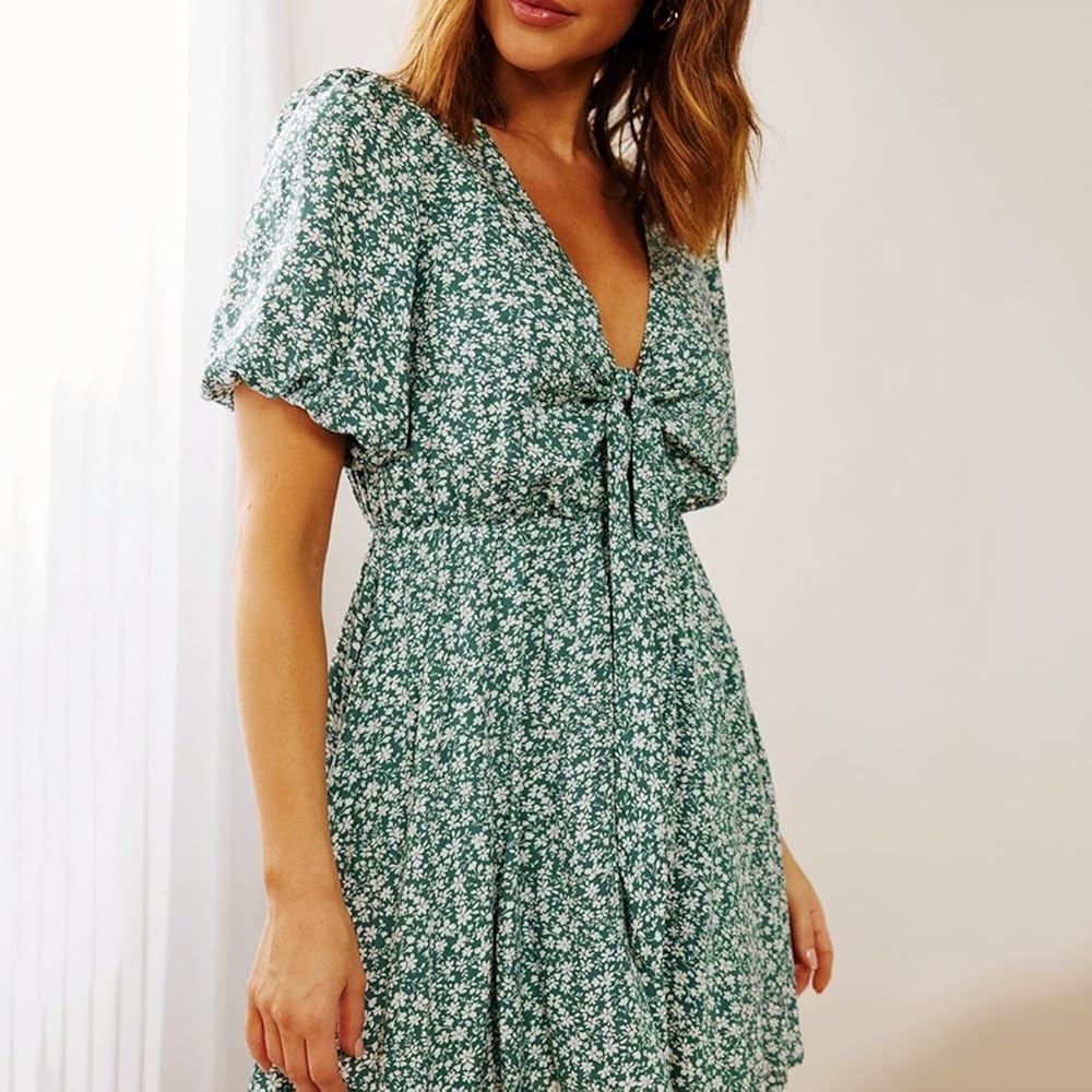 Green Floral Tie-Front Midi Dress